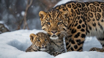 Fototapeta premium A mother Amur Leopard gently grooms her cub beneath the protective cover of a rocky den