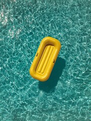 Bright Yellow Inflatable Raft Floating on Clear Blue Swimming Pool Water Aerial View in Ultra High Resolution