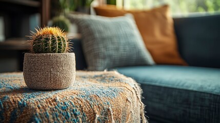 Textured Fabric Couch With a Small Cactus on the Side in a Cozy Living Room Setting