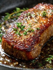 Thick Steak with Golden Sear in Olive Oil and Fresh Herbs on Dark Background