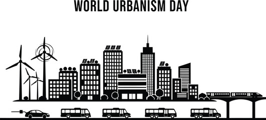 Obraz premium World Urbanism Day with city silhouette, wind turbines, cars, buses, and trains