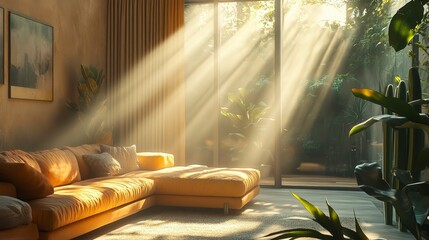 Sunlight Streaming Into Cozy Lounge with Couch and Green Plants, Inviting Atmosphere for Relaxation and Peace