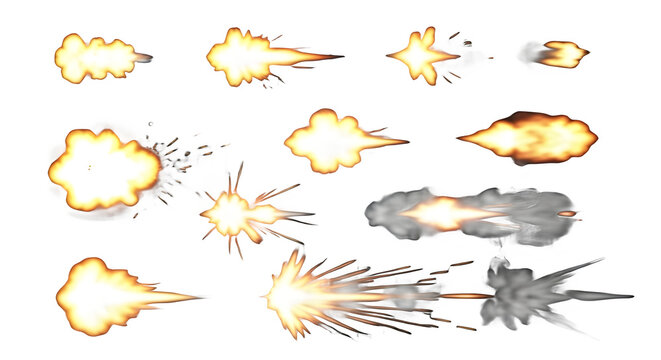Action video game visual effects set of muzzle flashes, explosions, and gun fire bursts isolated