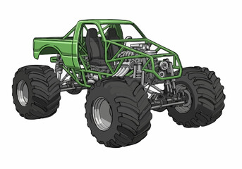 Obraz premium A vivid green monster truck is captured in a stylized illustration on a clean white background showcasing its powerful design and potential use in automotive projects