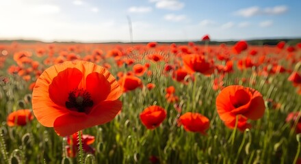 Beautiful Field of Red Poppy Flowers Blooming Under a Blue Sky on a Sunny Day  Vibrant Spring Landscape Photography