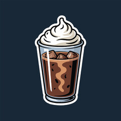Iced coffee with whipped cream in a glass cup on a dark blue background in cartoon style illustration