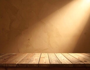 A wooden surface under a bright beam of light against a wall