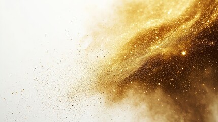 Naklejka premium Elegant Gold Dust Particles Drifting Over a White Background in a Dreamy, Ethereal Scene of Beauty