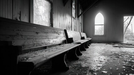 Interior of decaying church, pews covered in shattered glass in black and white photo