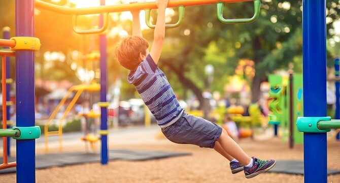 An energetic boy is swinging on monkey bars in a playground park, illuminated by the warm, golden light of the setting summer sun, building arm strength.