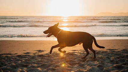 Happy dog running on the beach during a beautiful sunset