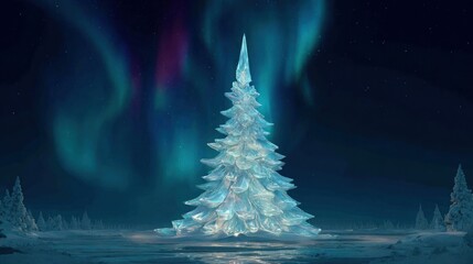 A dreamlike Christmas tree made of ice and snow, reflecting a beautiful aurora borealis in the sky.