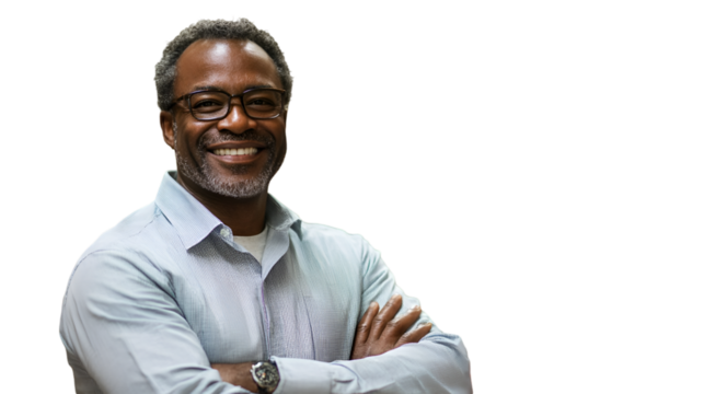 Confident mature businessman with glasses smiling brightly, ready for success and new opportunities, arms crossed, professional headshot isolated on white background - Powered by Adobe