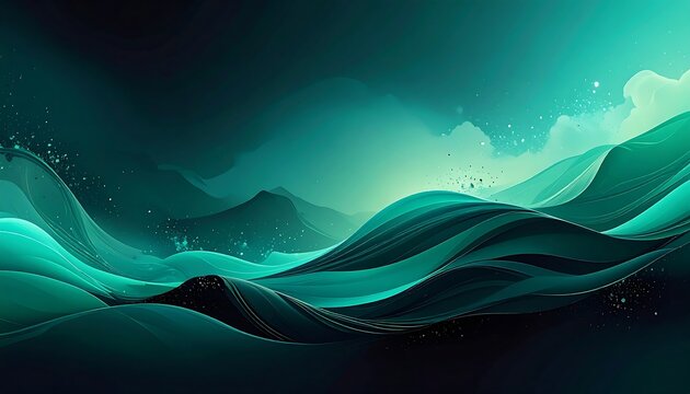 Abstract composition featuring undulating teal and turquoise waves