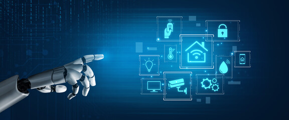 Fototapeta premium An AI assistant manages a smart home, providing intelligent automation. This central system learns user habits to optimize security, climate, and energy efficiency for the home. Fermion