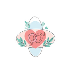 Obraz premium Gender Symbols Intertwined in Heart with Leaves Illustration.