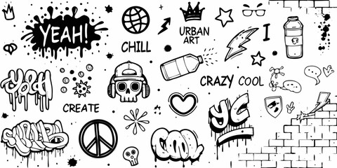 A collection of black and white graffiti style doodles and urban art elements on a white background