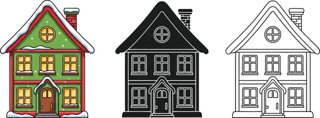 Naklejka premium Three Christmas houses, vector illustration in color, silhouette, and outline style