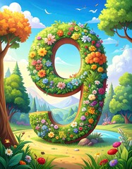 Floral Number Nine in a Sunny Meadow Landscape.