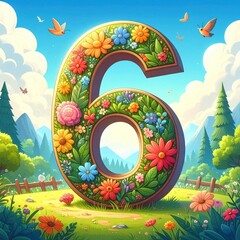 Floral Number Six in a Sunny Meadow - A Cheerful Celebration.