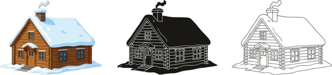 Three wooden cabin versions in color, silhouette, and outline style