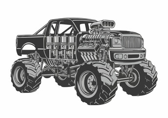 A powerful black monster truck roars with intricate engine detail under bright studio lighting showcasing automotive strength and mechanical design in a technical illustration.