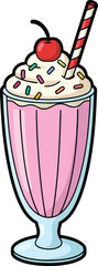 Cartoon Pink Milkshake with Whipped Cream Sprinkles Cherry and Striped Straw