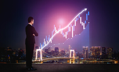 Businessman in Suit Analyzing Financial Growth Graph Against City Skyline at Night Impute.