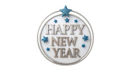 Celebrate new beginnings with stunning 3D 'Happy New Year' text surrounded by sparkling blue stars and elegant silver accents on a clean white background isolated on white background