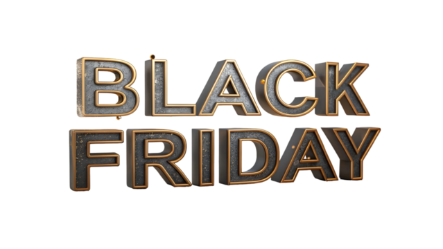 Stunning 3D Black Friday text with elegant gold trim, perfect for announcing massive retail sales and holiday promotions with a luxurious feel. isolated on white background