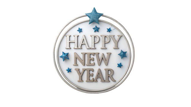 Celebrate new beginnings with stunning 3D 'Happy New Year' text surrounded by sparkling blue stars and elegant silver accents on a clean white background isolated on white background