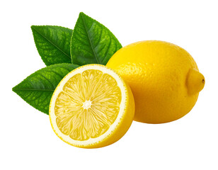 Zesty lemons one whole, one halved, with vibrant green leaves against a dark background