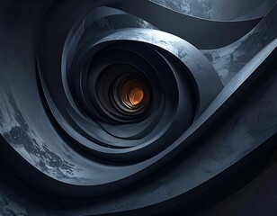 Abstract spiral tunnel with layered metallic curves and a warm orange center