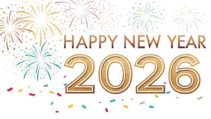 Sparkling Happy New Year 2026 Celebration with Fireworks and Confetti for Festive Greetings and Holiday Cheer, Golden Numbers and Celebratory Design isolated on white background