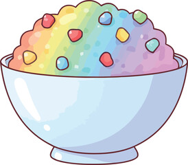 Cartoon Rainbow Shaved Ice Dessert in a Bowl with Toppings