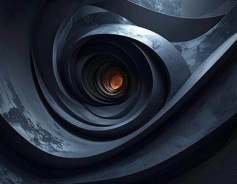 Abstract spiral tunnel with layered metallic curves and a warm orange center