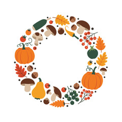 Obraz premium Autumnal Wreath with Pumpkins, Mushrooms, and Berries.