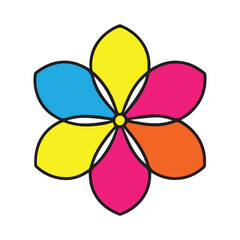 Modern colorful flower with five bright petals. Simple and eye-catching vector for logo, stickers, decor, or graphic projects.