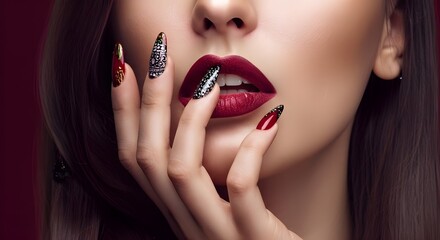 Seductive woman with fashion manicure, deep red lipstick, and dark glitter nail art design