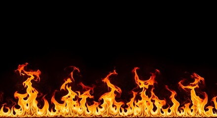 Realistic hot burning fire flames line border isolated on black background for design overlay
