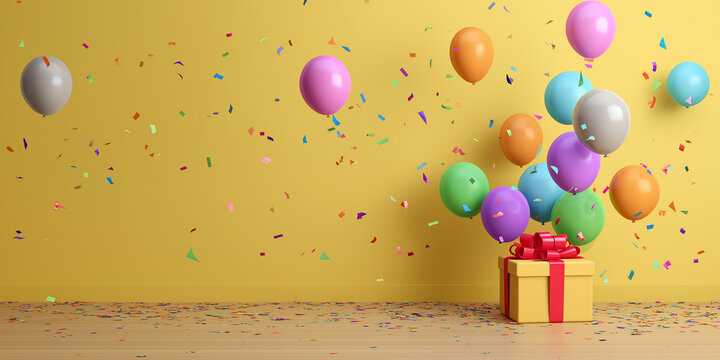 Festive scene with colorful balloons and confetti against yellow wall, featuring gift box with red ribbon on wooden floor - Powered by Adobe