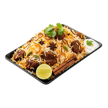 Delicious mutton biryani platter served with lime and raita, showcasing authentic Indian flavors and culinary expertise for food lovers and restaurant menus