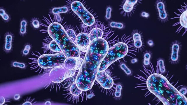 3D render of bacteria with embedded data, showcasing microscopic life and digital patterns