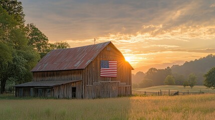 Fototapeta premium Rustic Wooden Barn with Faded American Flag at Sunset in Serene Field and Pastoral Landscape