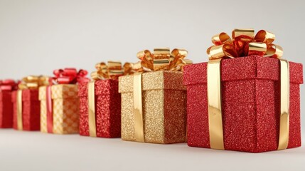 A row of red and golden Christmas gift boxes isolated on a plain background