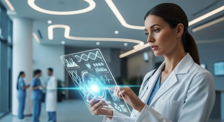 Confident doctor uses cutting-edge technology for patient care, providing a glimpse into the future of medicine in a modern, professional hospital setting