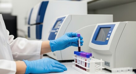 Scientist in lab coat analyzing blood sample research for medical breakthrough, ensuring accurate diagnosis and treatment in a modern, sterile environment