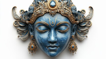 Divine 3D Render of Lord Krishna Face with Ornate Details and Vibrant Blue Colors for Artistic Use