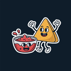 Cartoon illustration of a smiling tortilla chip and a bowl of salsa with arms and legs
