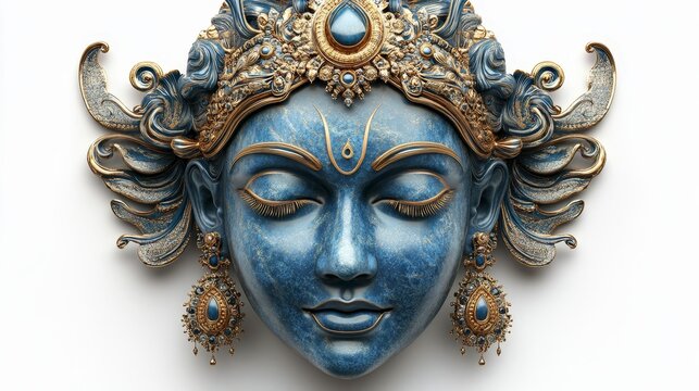 Divine 3D Render of Lord Krishna Face with Ornate Details and Vibrant Blue Colors for Artistic Use